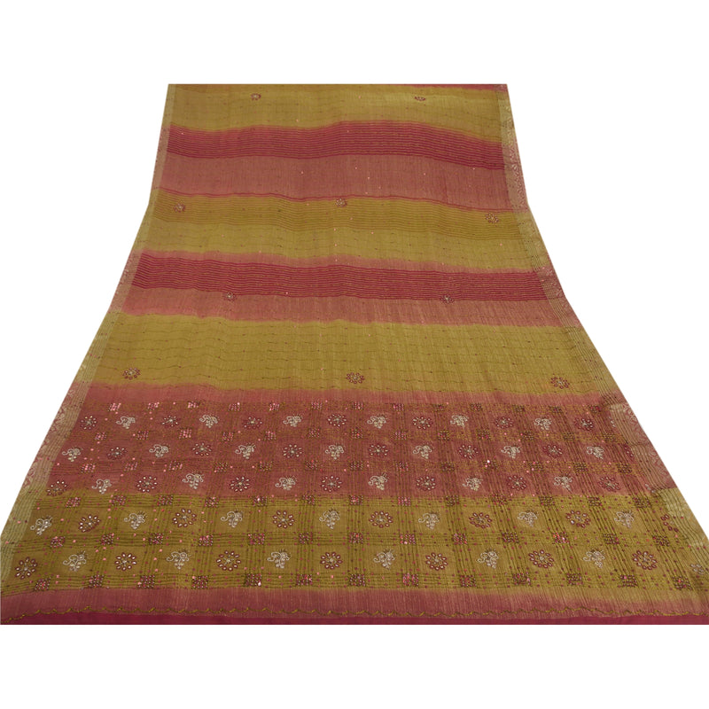 Sanskriti Vintage Green Sarees Georgette Hand Beaded Woven Craft Fabric Sari