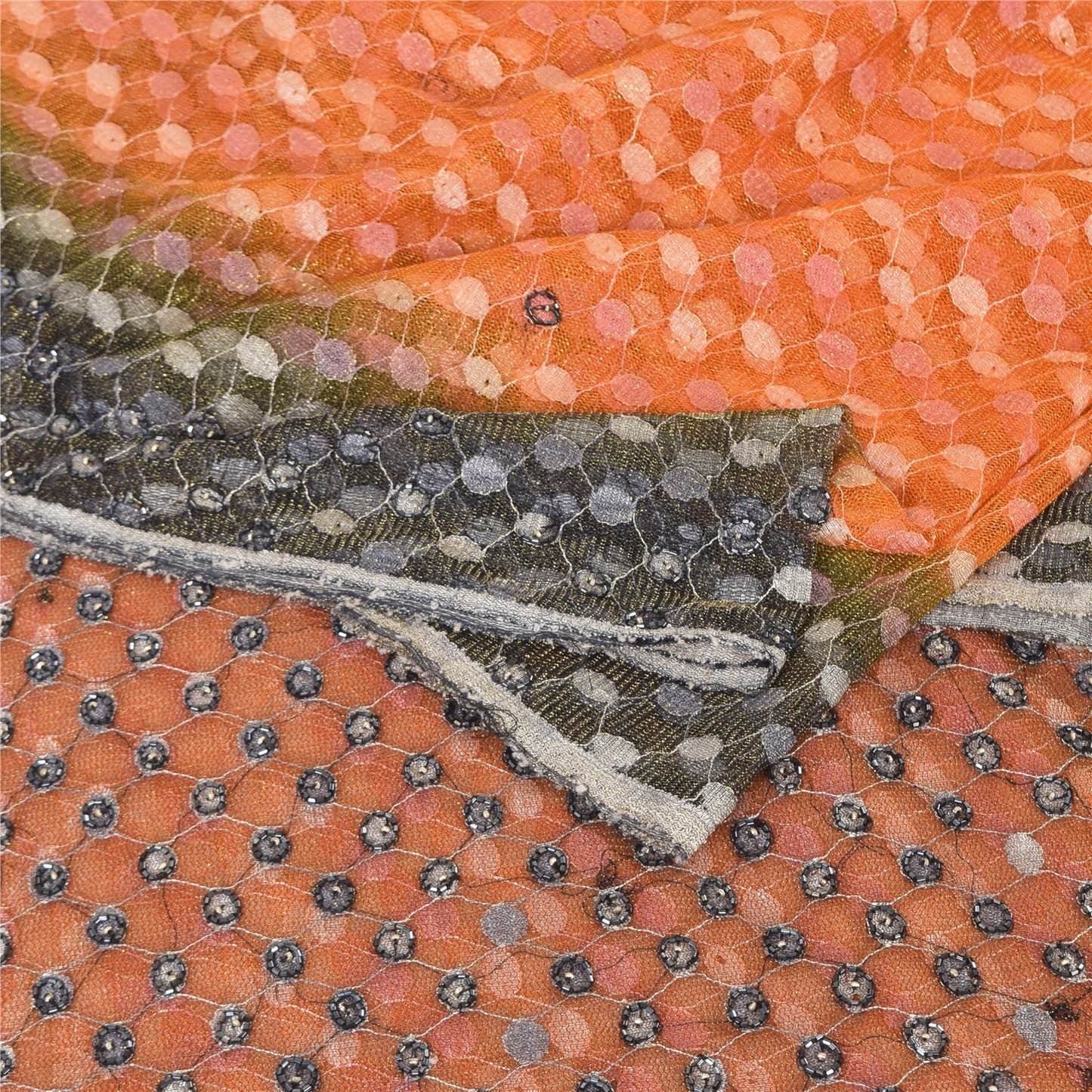 Sanskriti Vintage Orange/Gray Sarees Net Mesh Hand Beaded Sari 5yd Craft Fabric