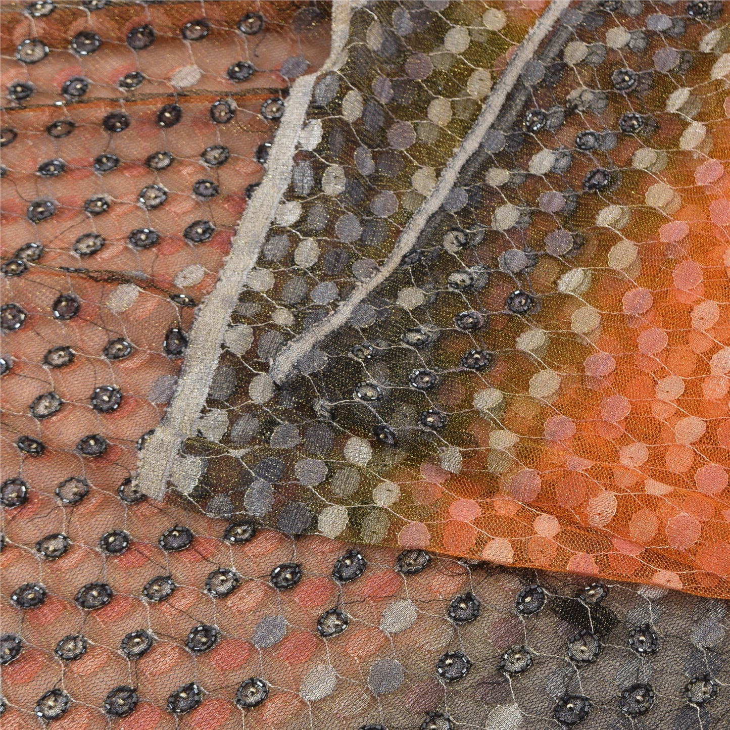 Sanskriti Vintage Orange/Gray Sarees Net Mesh Hand Beaded Sari 5yd Craft Fabric