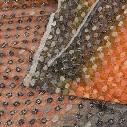 Sanskriti Vintage Orange/Gray Sarees Net Mesh Hand Beaded Sari 5yd Craft Fabric