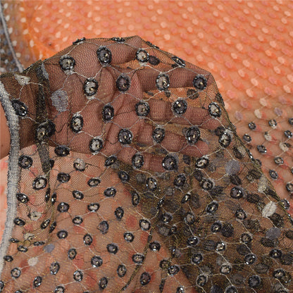 Sanskriti Vintage Orange/Gray Sarees Net Mesh Hand Beaded Sari 5yd Craft Fabric