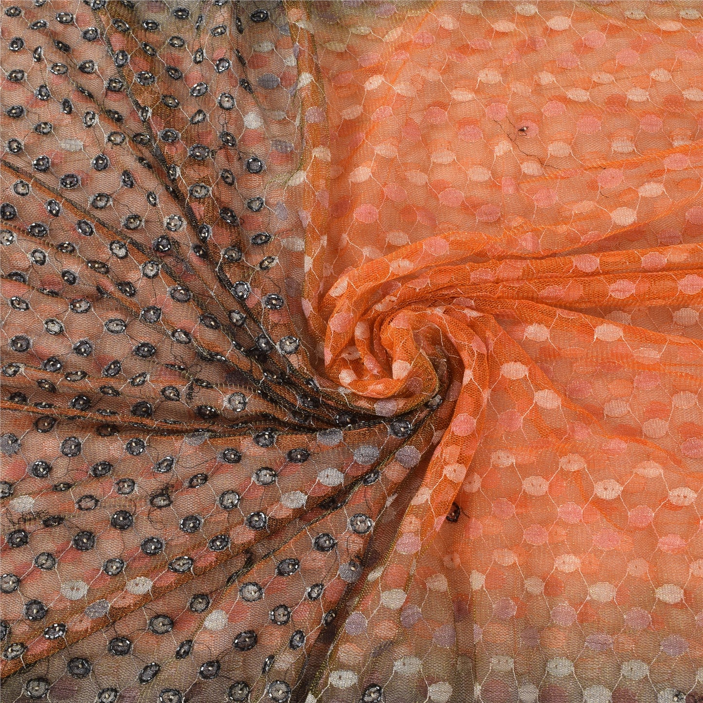 Sanskriti Vintage Orange/Gray Sarees Net Mesh Hand Beaded Sari 5yd Craft Fabric