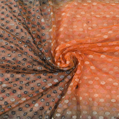 Sanskriti Vintage Orange/Gray Sarees Net Mesh Hand Beaded Sari 5yd Craft Fabric