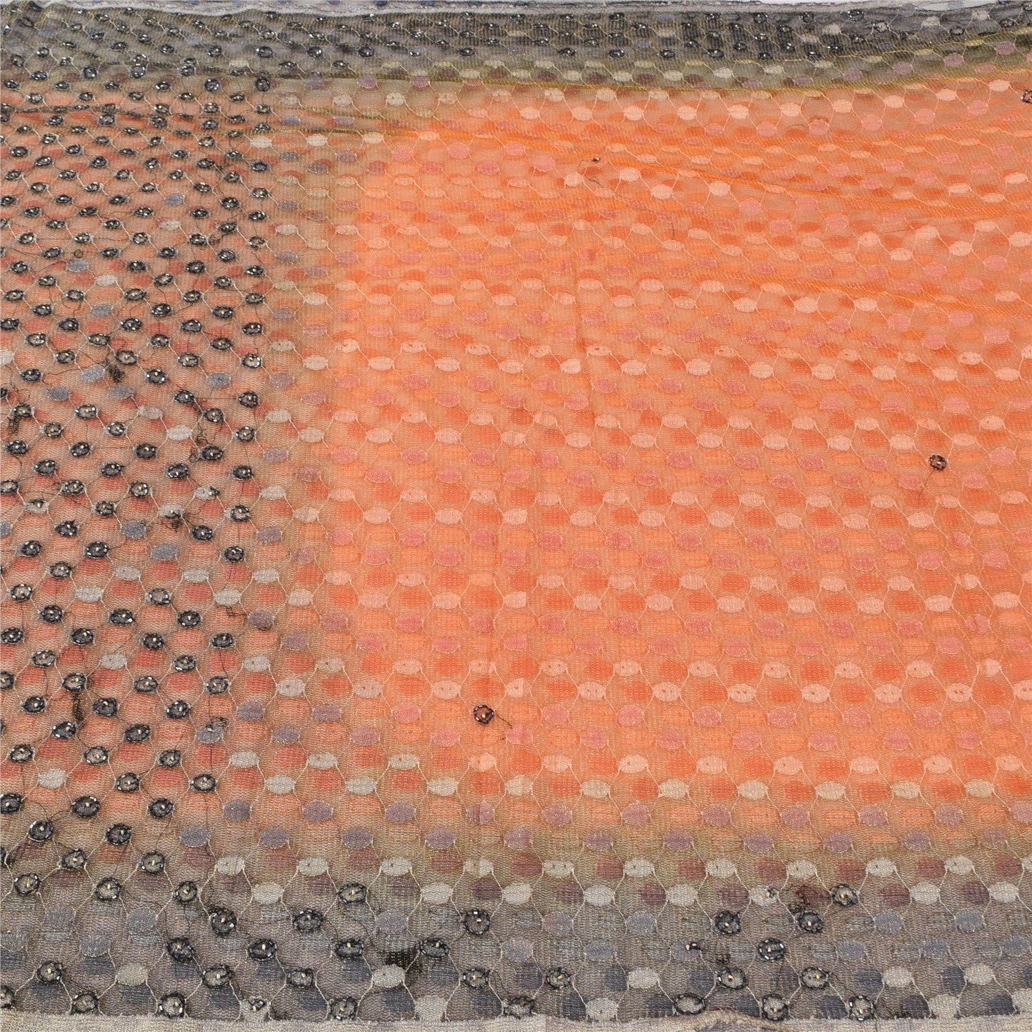 Sanskriti Vintage Orange/Gray Sarees Net Mesh Hand Beaded Sari 5yd Craft Fabric