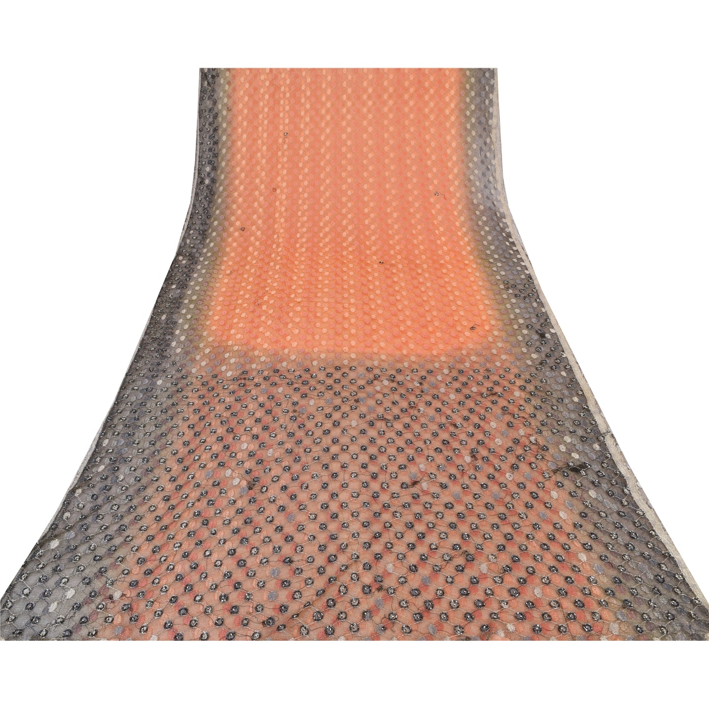 Sanskriti Vintage Orange/Gray Sarees Net Mesh Hand Beaded Sari 5yd Craft Fabric