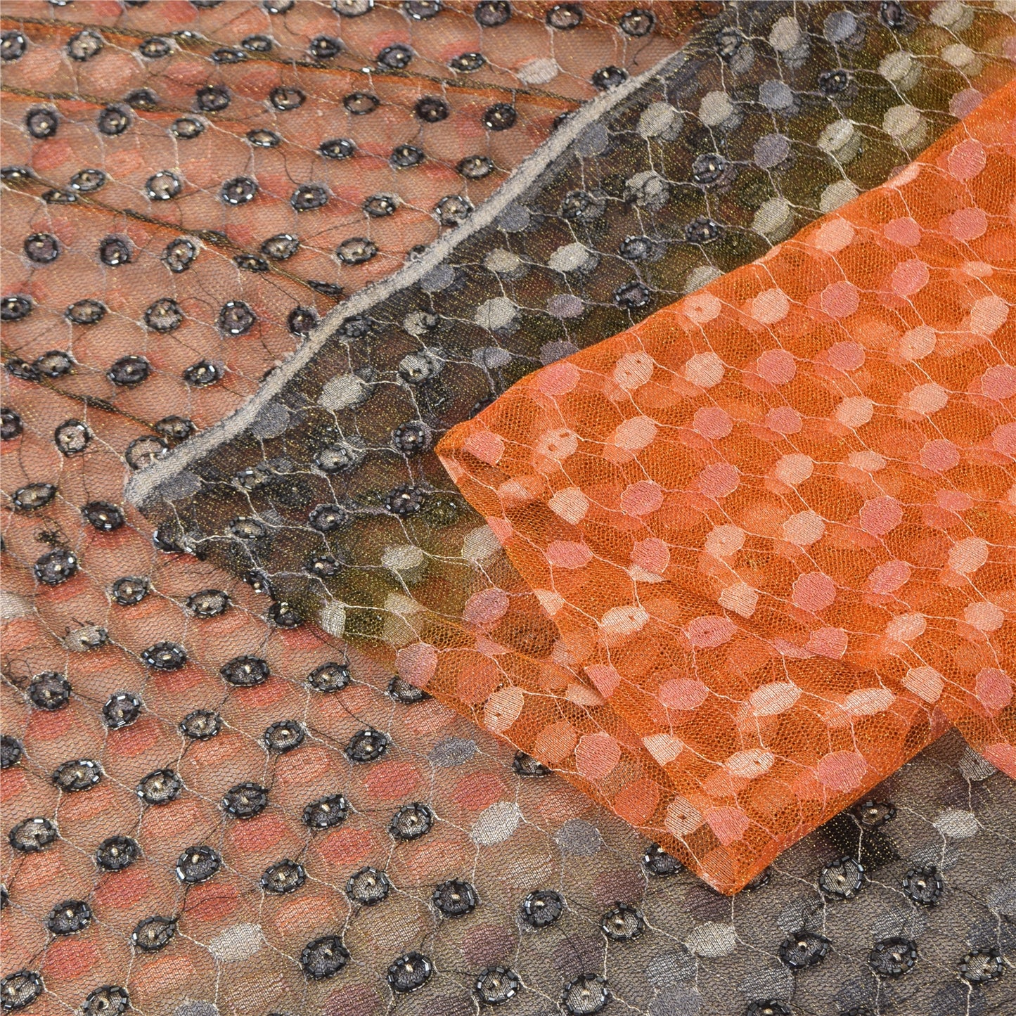 Sanskriti Vintage Orange/Gray Sarees Net Mesh Hand Beaded Sari 5yd Craft Fabric