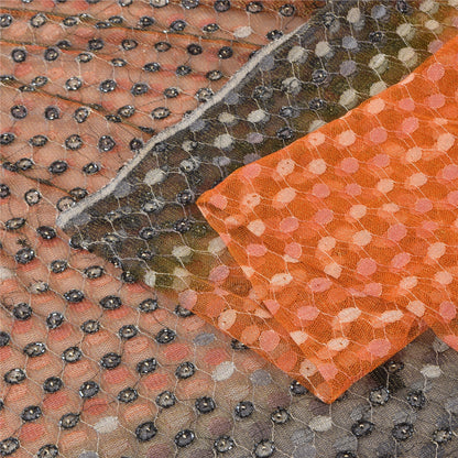 Sanskriti Vintage Orange/Gray Sarees Net Mesh Hand Beaded Sari 5yd Craft Fabric