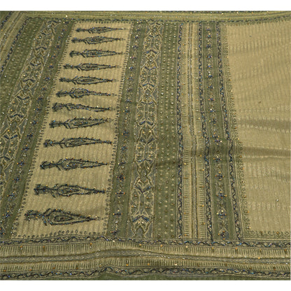 Sanskriti Vintage Sarees Net Mesh Hand Beaded Green Craft Fabric 5 Yd Sari