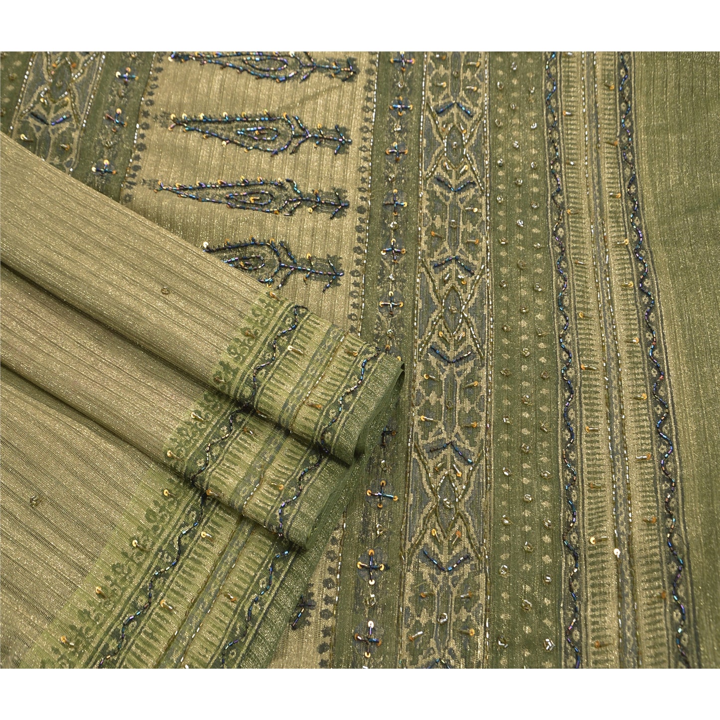 Sanskriti Vintage Sarees Net Mesh Hand Beaded Green Craft Fabric 5 Yd Sari