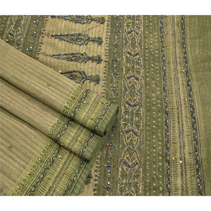 Sanskriti Vintage Sarees Net Mesh Hand Beaded Green Craft Fabric 5 Yd Sari