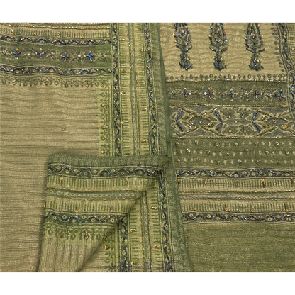 Sanskriti Vintage Sarees Net Mesh Hand Beaded Green Craft Fabric 5 Yd Sari