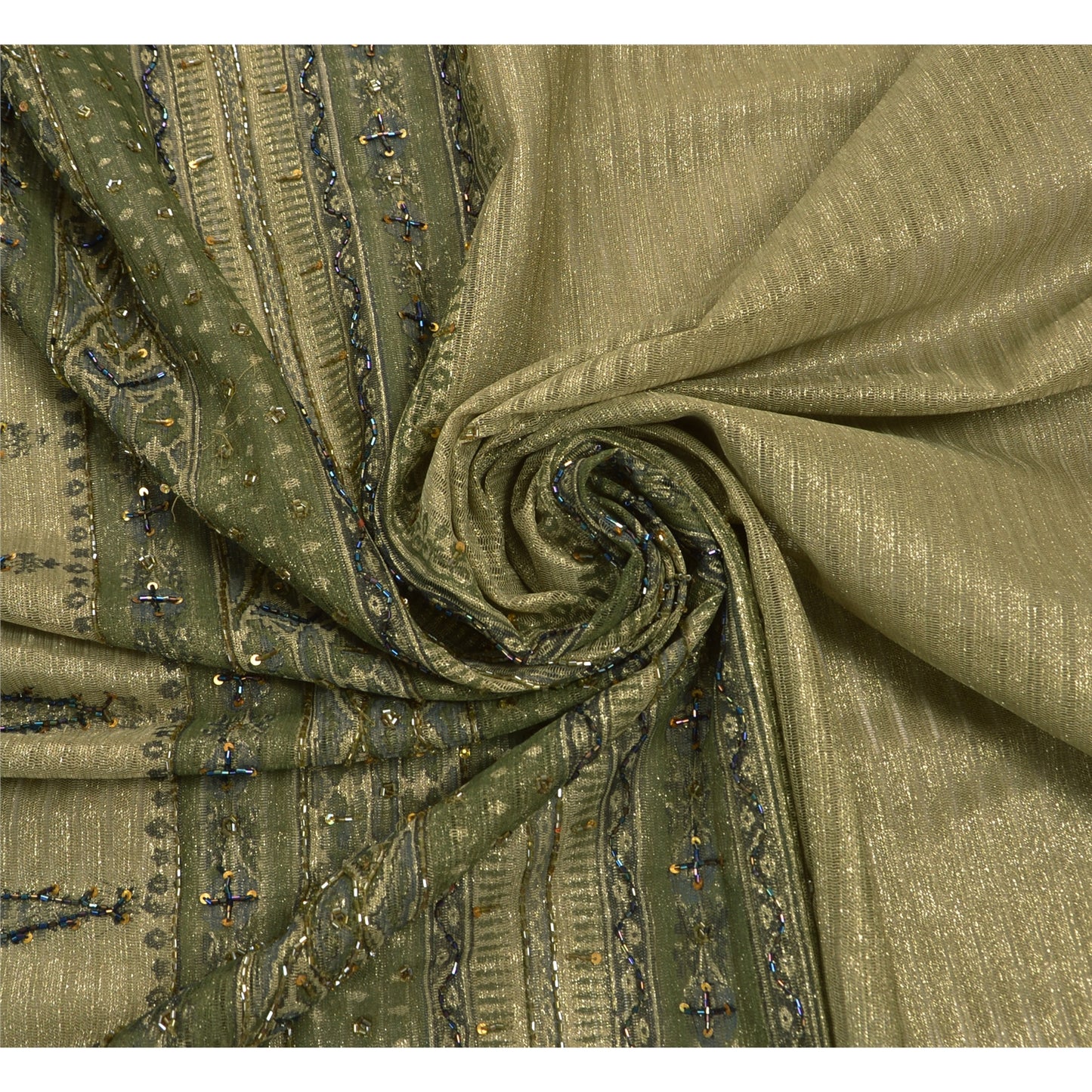 Sanskriti Vintage Sarees Net Mesh Hand Beaded Green Craft Fabric 5 Yd Sari