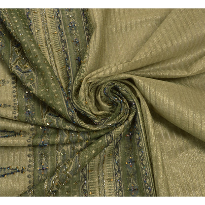 Sanskriti Vintage Sarees Net Mesh Hand Beaded Green Craft Fabric 5 Yd Sari
