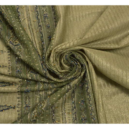 Sanskriti Vintage Sarees Net Mesh Hand Beaded Green Craft Fabric 5 Yd Sari