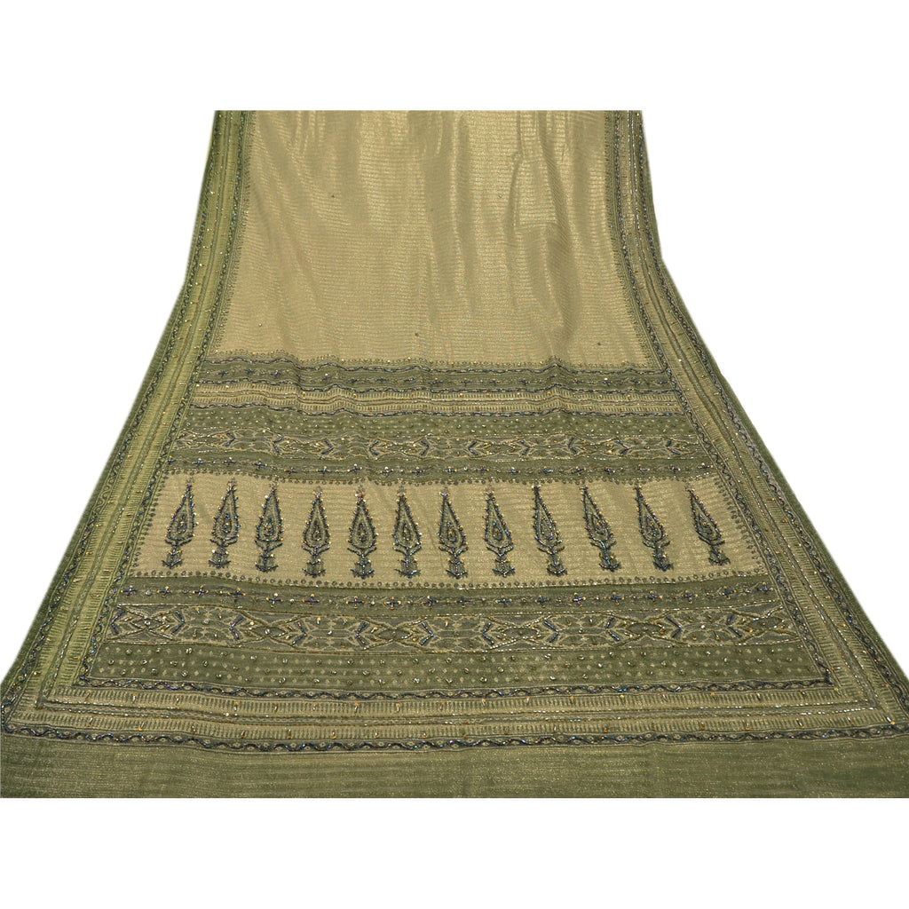 Sanskriti Vintage Sarees Net Mesh Hand Beaded Green Craft Fabric 5 Yd Sari