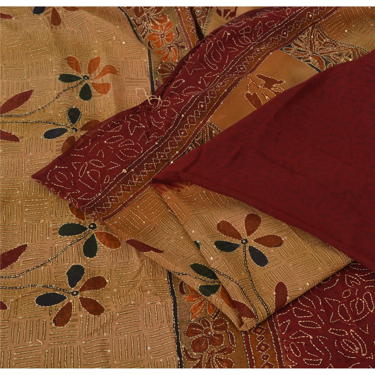 Sanskriti Vintage Sarees Pure Georgette Silk Hand Embroidered Fabric Kantha Sari