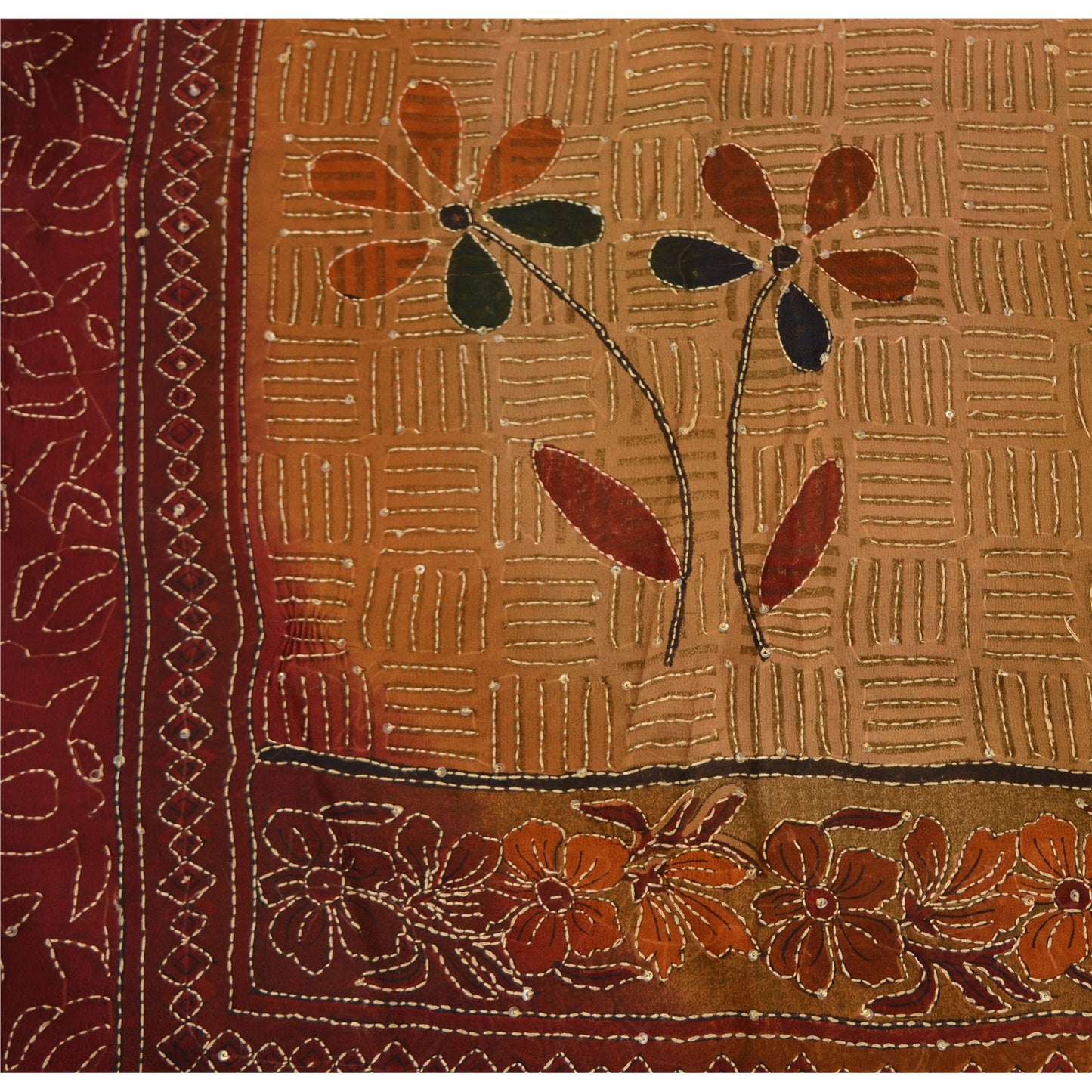 Sanskriti Vintage Sarees Pure Georgette Silk Hand Embroidered Fabric Kantha Sari
