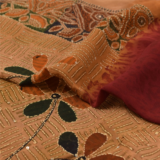 Sanskriti Vintage Sarees Pure Georgette Silk Hand Embroidered Fabric Kantha Sari