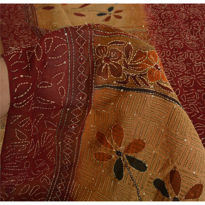 Sanskriti Vintage Sarees Pure Georgette Silk Hand Embroidered Fabric Kantha Sari