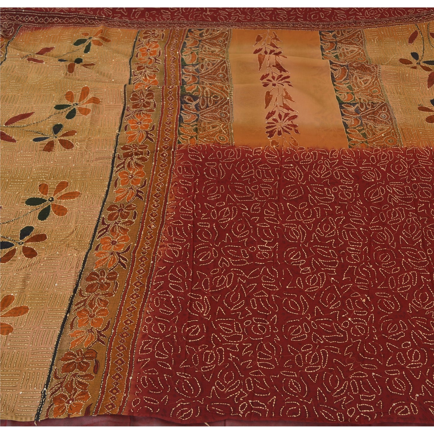 Sanskriti Vintage Sarees Pure Georgette Silk Hand Embroidered Fabric Kantha Sari