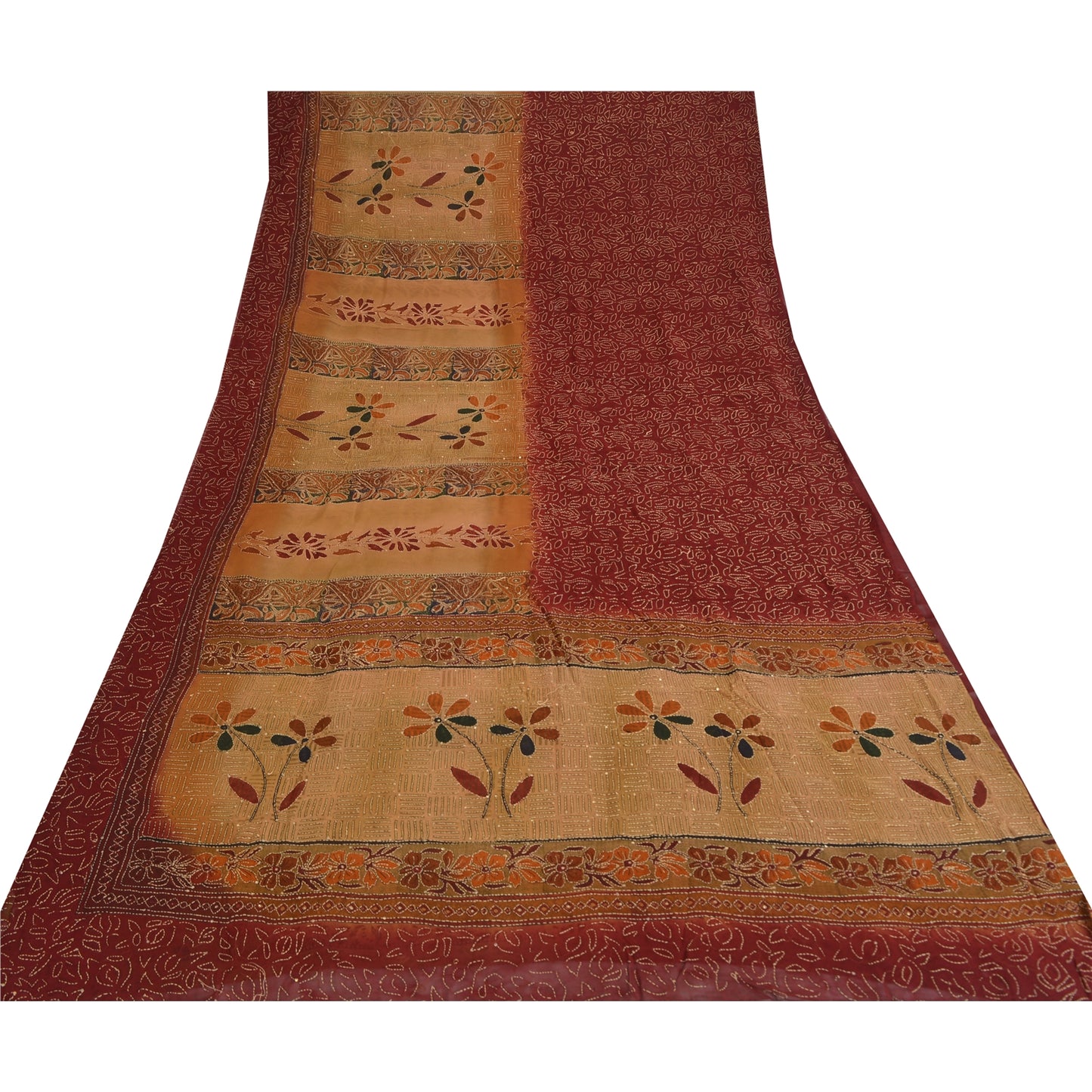 Sanskriti Vintage Sarees Pure Georgette Silk Hand Embroidered Fabric Kantha Sari