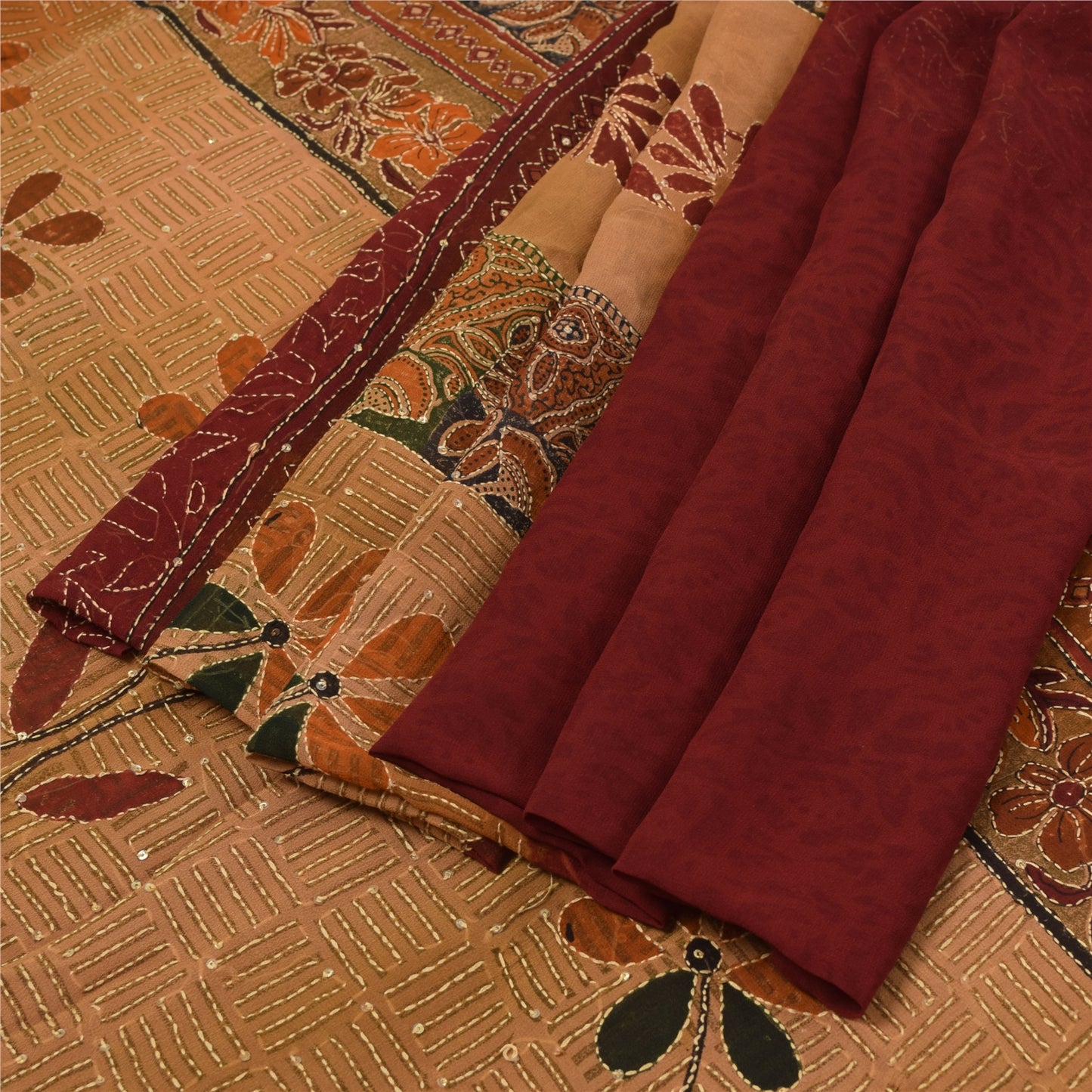 Sanskriti Vintage Sarees Pure Georgette Silk Hand Embroidered Fabric Kantha Sari