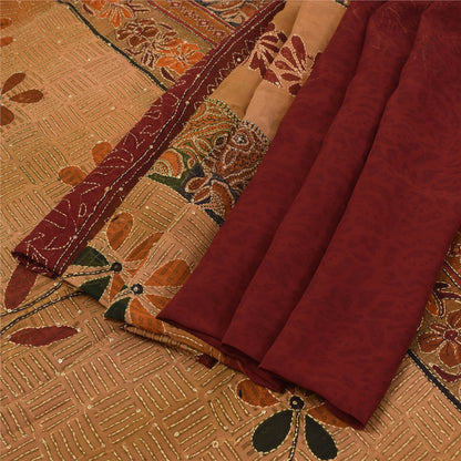 Sanskriti Vintage Sarees Pure Georgette Silk Hand Embroidered Fabric Kantha Sari