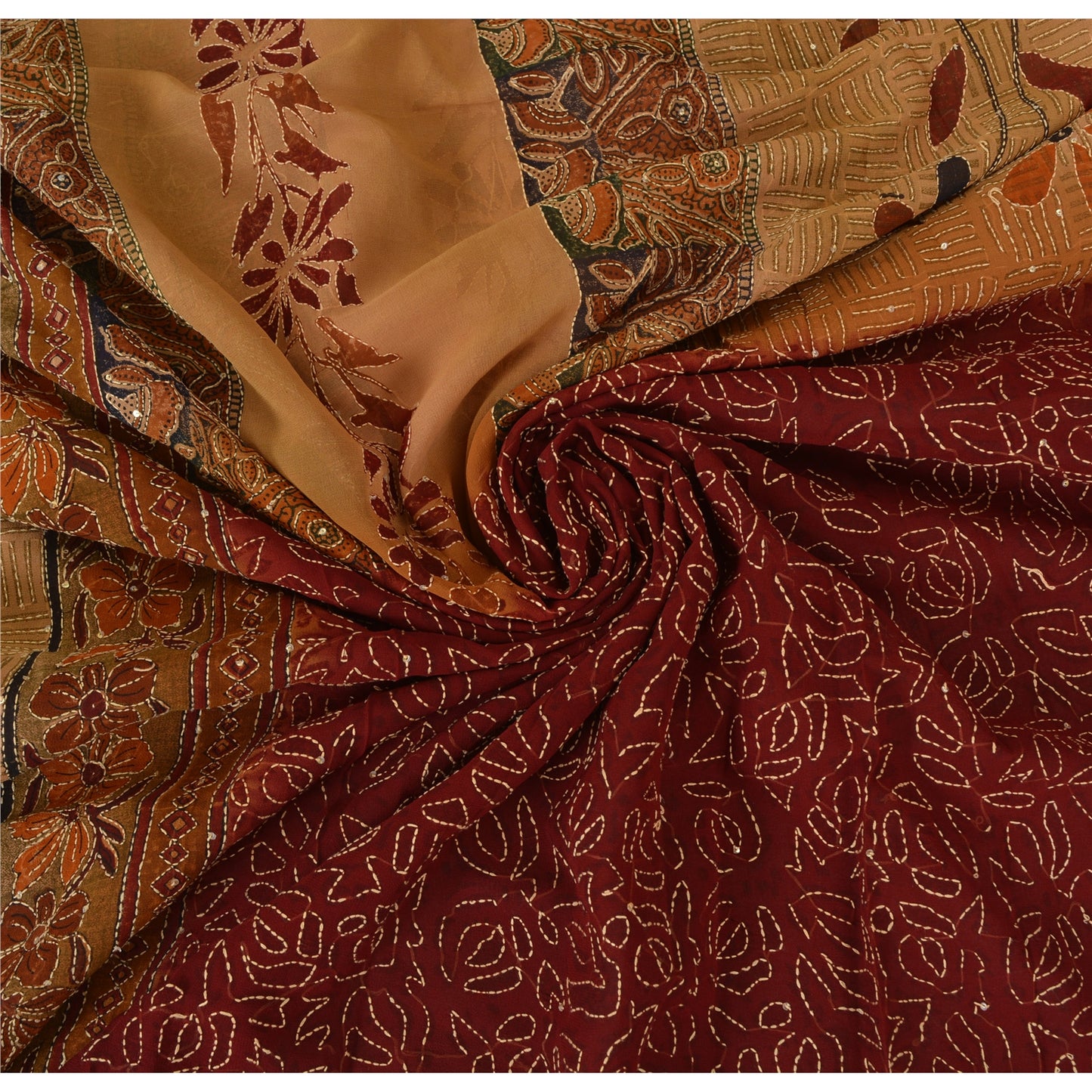 Sanskriti Vintage Sarees Pure Georgette Silk Hand Embroidered Fabric Kantha Sari