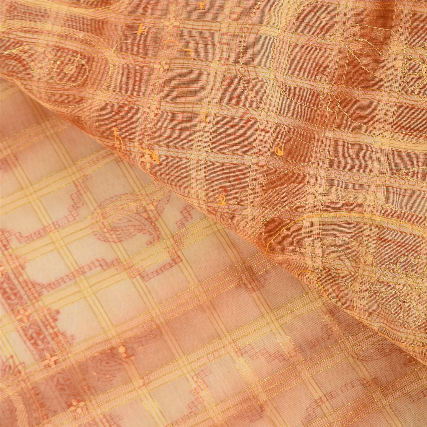 Sanskriti Vintage Cream Sarees Pure Silk Hand Beaded Printed Craft Fabric Sari