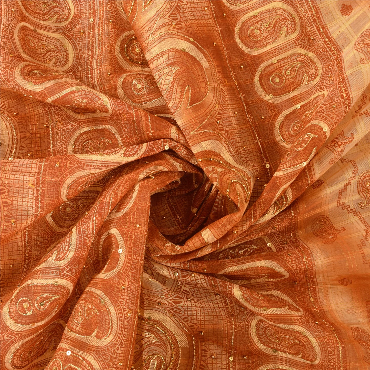 Sanskriti Vintage Cream Sarees Pure Silk Hand Beaded Printed Craft Fabric Sari
