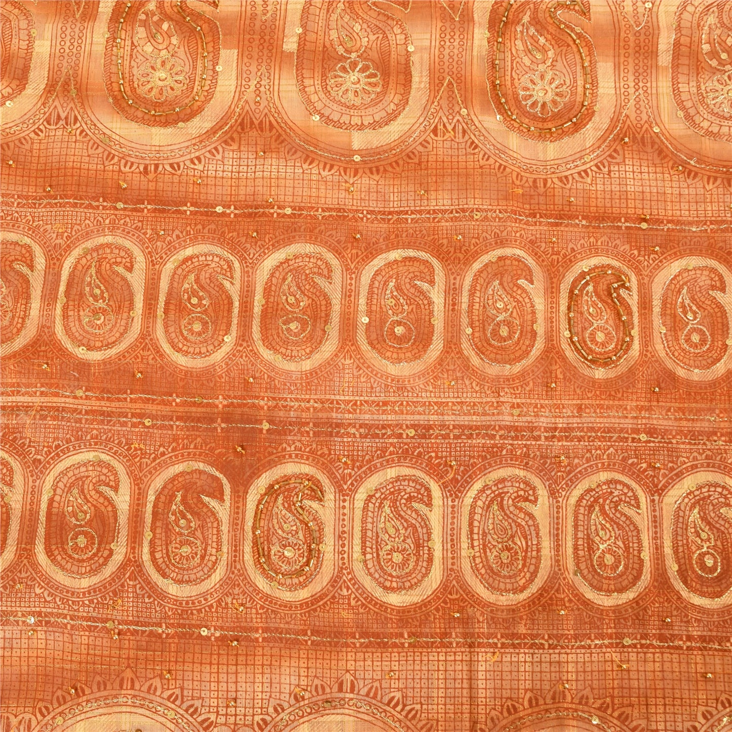 Sanskriti Vintage Cream Sarees Pure Silk Hand Beaded Printed Craft Fabric Sari