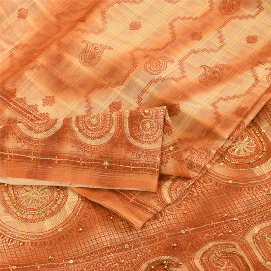 Sanskriti Vintage Cream Sarees Pure Silk Hand Beaded Printed Craft Fabric Sari