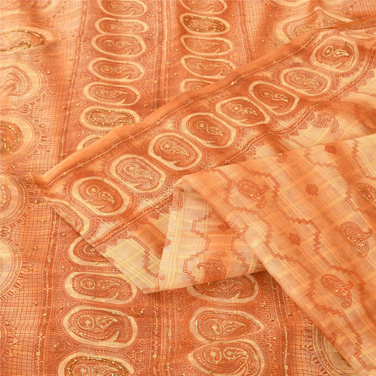Sanskriti Vintage Cream Sarees Pure Silk Hand Beaded Printed Craft Fabric Sari