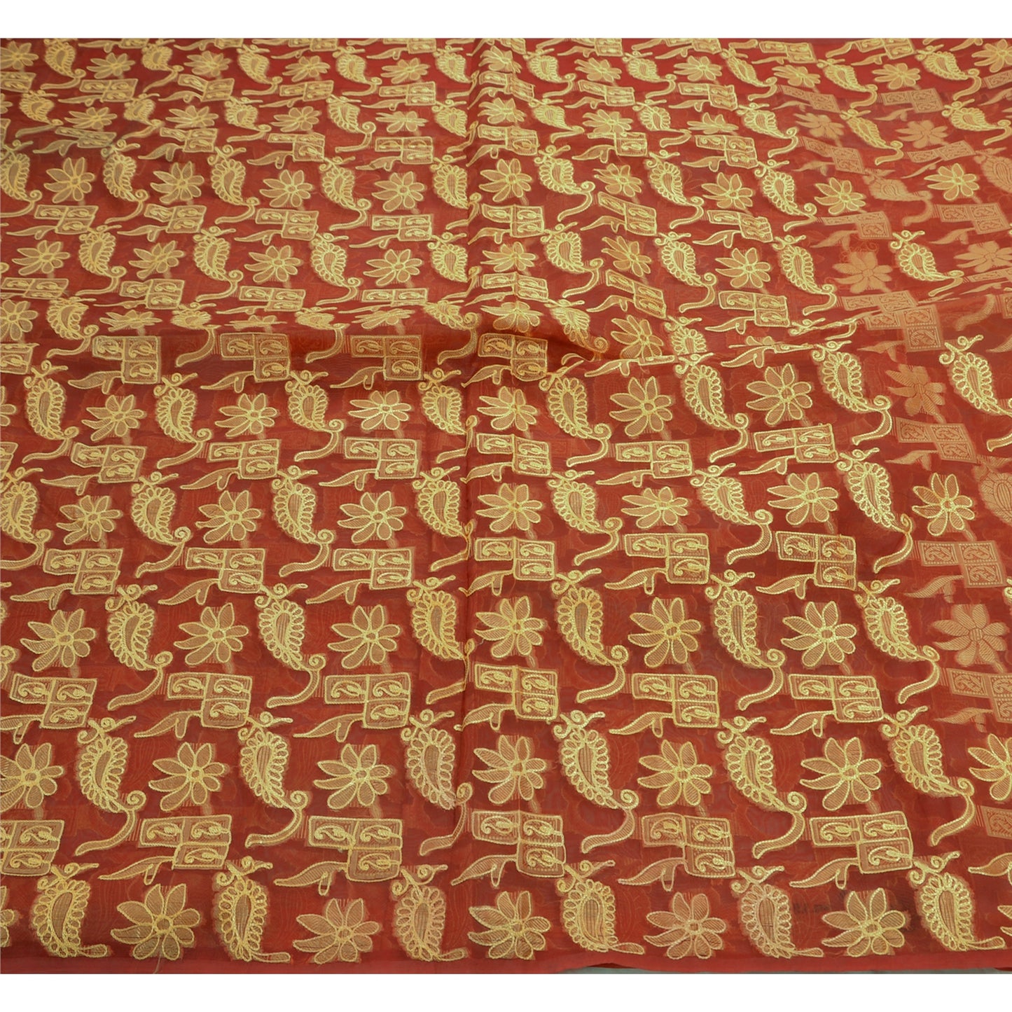 Sanskriti Vintage Red Sarees Art Silk Hand Embroidered Woven Craft Fabric Sari