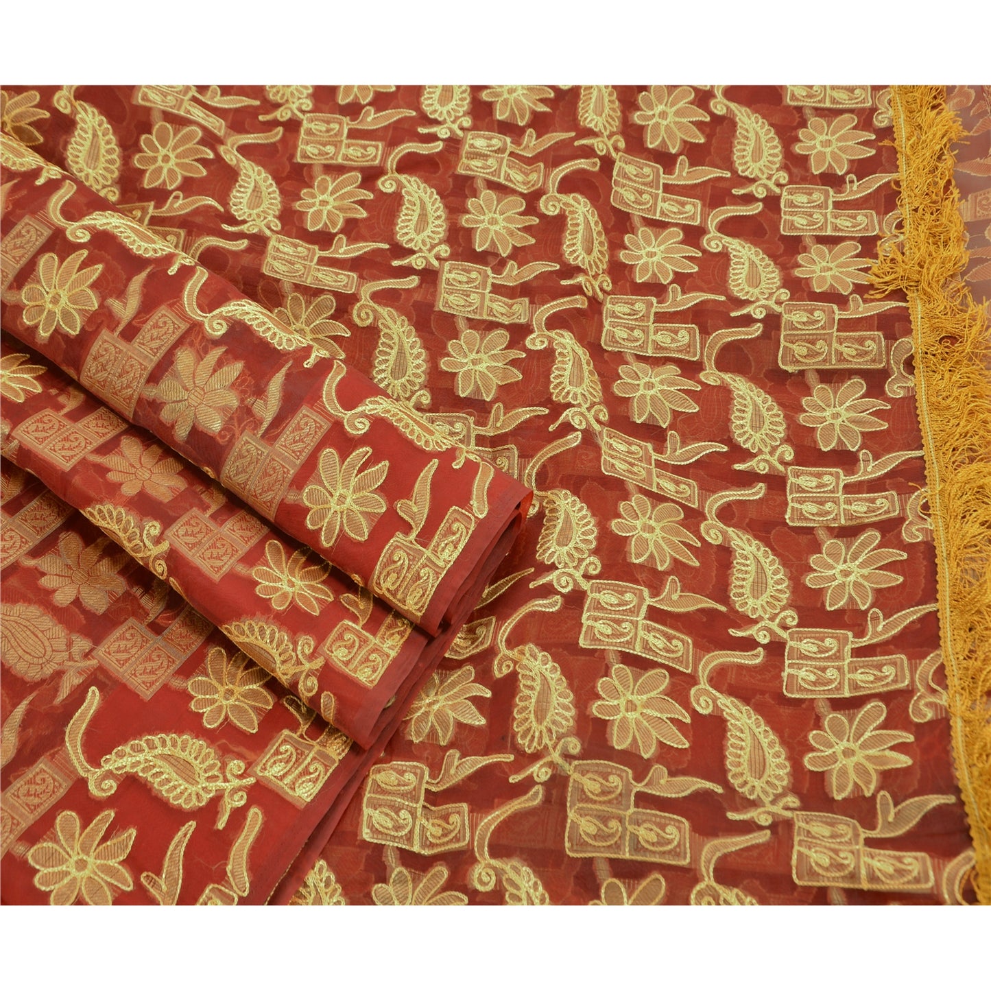 Sanskriti Vintage Red Sarees Art Silk Hand Embroidered Woven Craft Fabric Sari