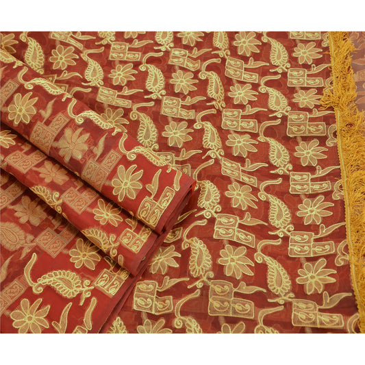 Sanskriti Vintage Red Sarees Art Silk Hand Embroidered Woven Craft Fabric Sari