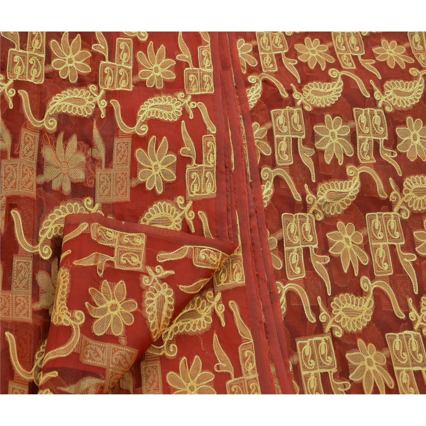 Sanskriti Vintage Red Sarees Art Silk Hand Embroidered Woven Craft Fabric Sari