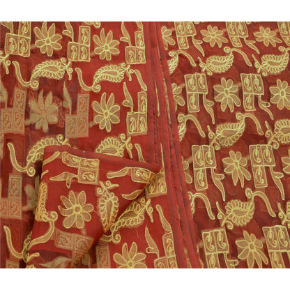Sanskriti Vintage Red Sarees Art Silk Hand Embroidered Woven Craft Fabric Sari