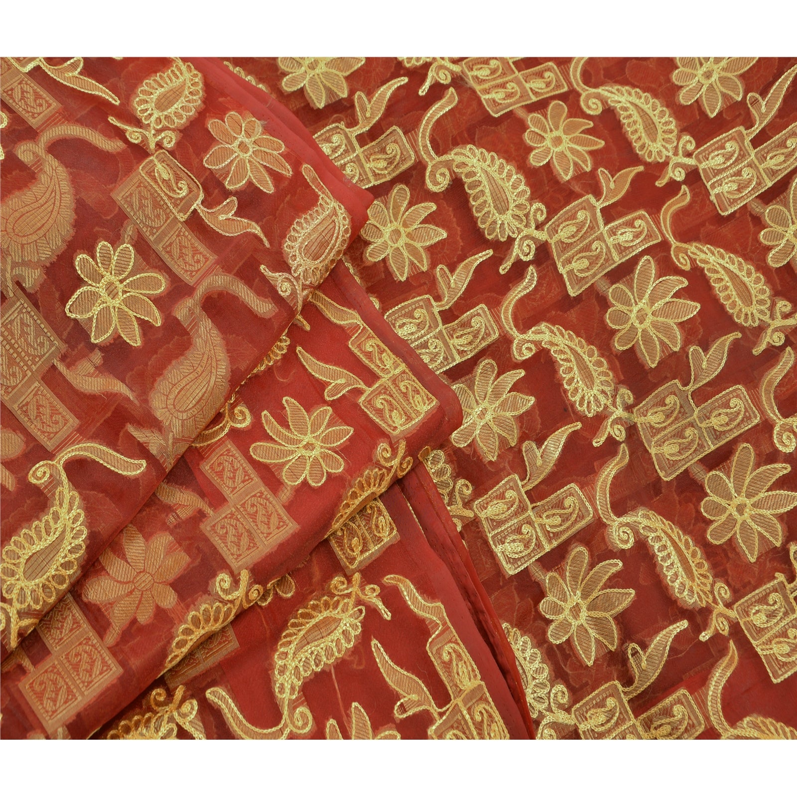 Sanskriti Vintage Red Sarees Art Silk Hand Embroidered Woven Craft Fabric Sari