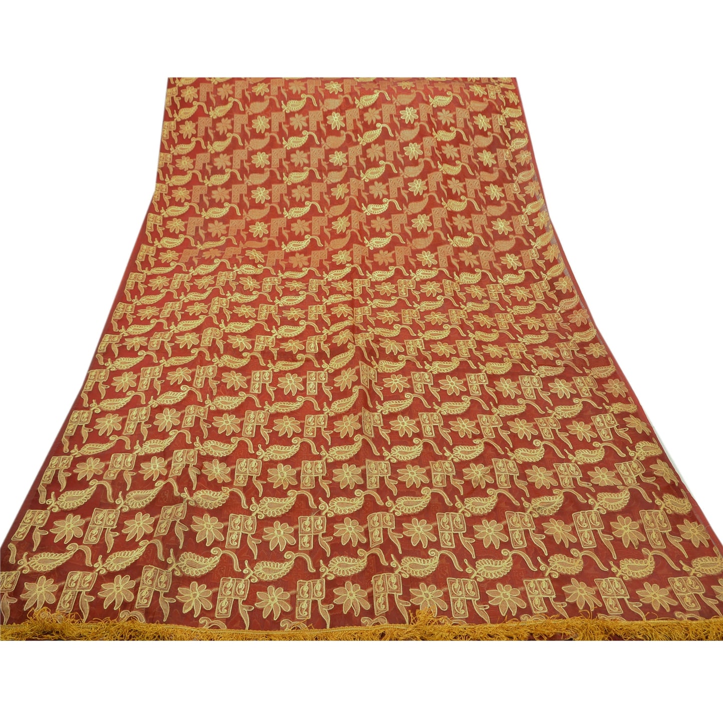 Sanskriti Vintage Red Sarees Art Silk Hand Embroidered Woven Craft Fabric Sari