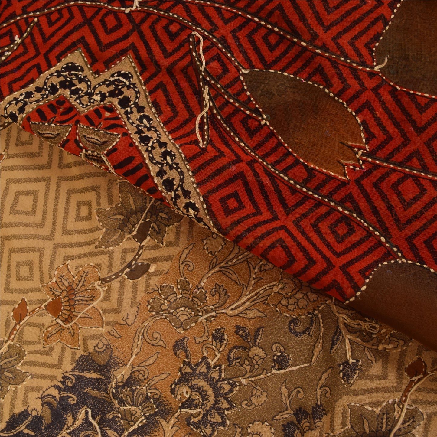 Sanskriti Vintage Orange & Cream Sarees Crepe Silk Hand Embroidered Kantha Sari