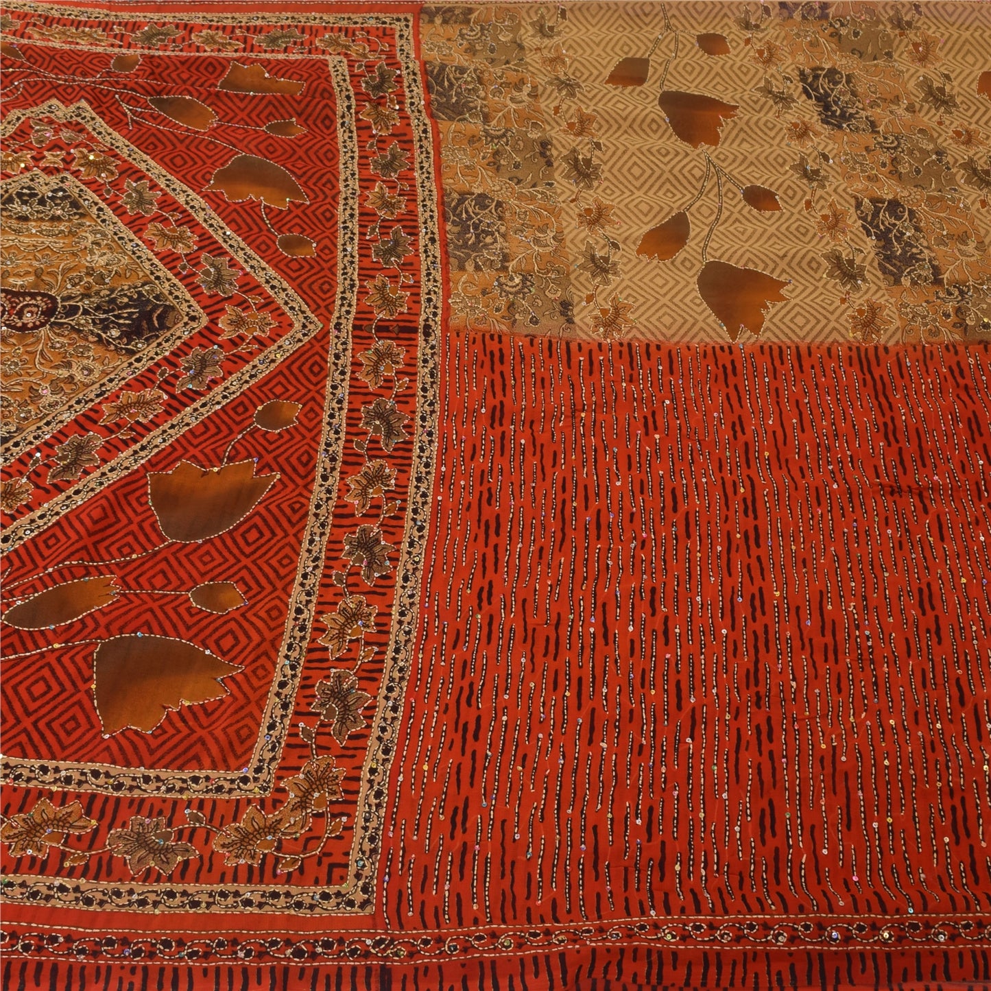 Sanskriti Vintage Orange & Cream Sarees Crepe Silk Hand Embroidered Kantha Sari