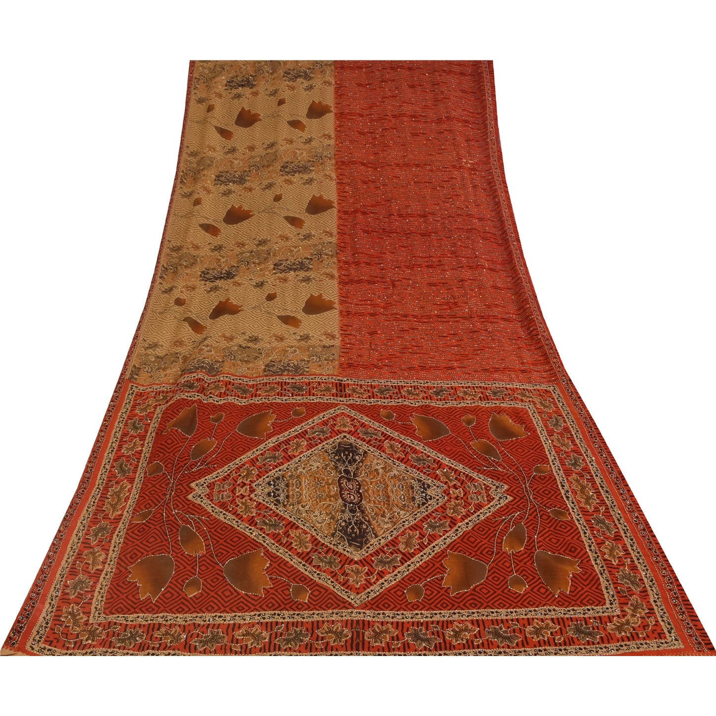 Sanskriti Vintage Orange & Cream Sarees Crepe Silk Hand Embroidered Kantha Sari