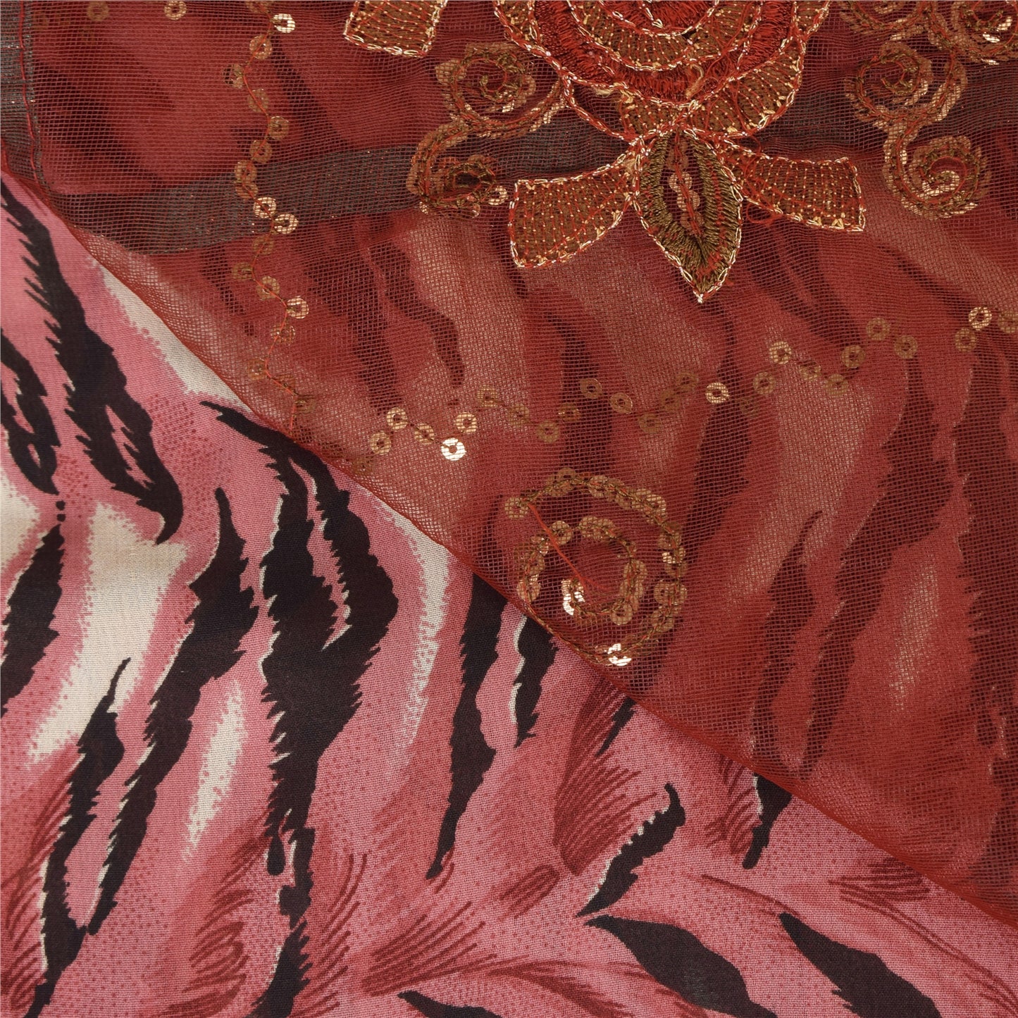 Sanskriti Vintage Dark Red Sarees Art Silk & Net Hand Beaded Premium Sari Fabric