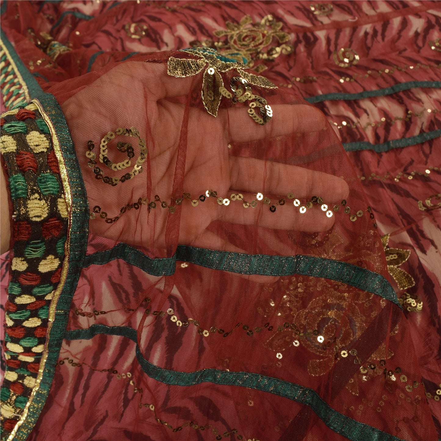 Sanskriti Vintage Dark Red Sarees Art Silk & Net Hand Beaded Premium Sari Fabric