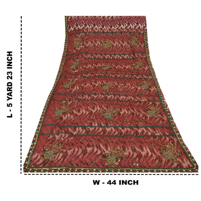 Sanskriti Vintage Dark Red Sarees Art Silk & Net Hand Beaded Premium Sari Fabric
