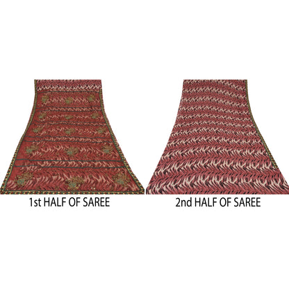 Sanskriti Vintage Dark Red Sarees Art Silk & Net Hand Beaded Premium Sari Fabric