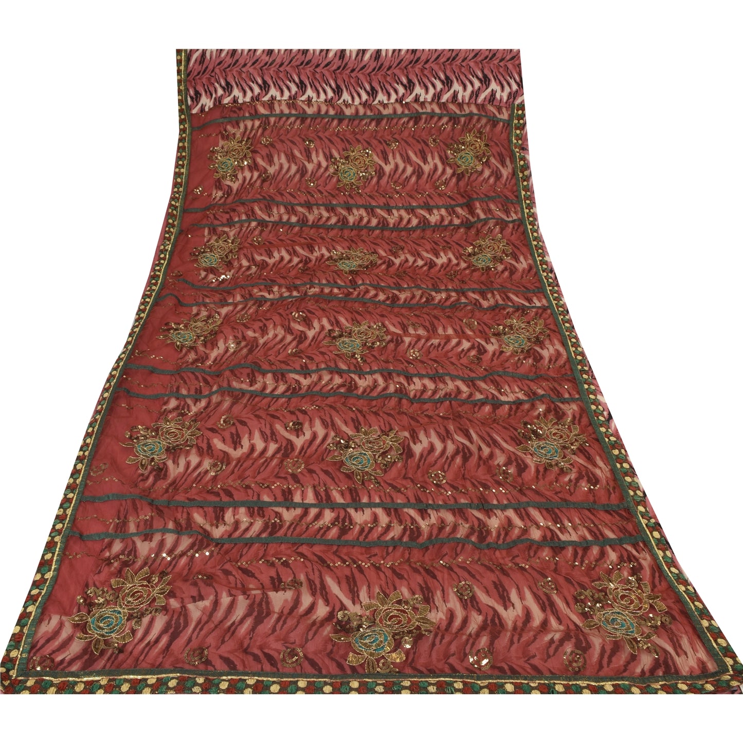 Sanskriti Vintage Dark Red Sarees Art Silk & Net Hand Beaded Premium Sari Fabric