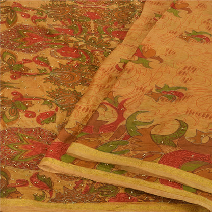 Sanskriti Vintage Saffron Saree Art Silk Indian Zari Hand Bead Sari 5+YD Fabric