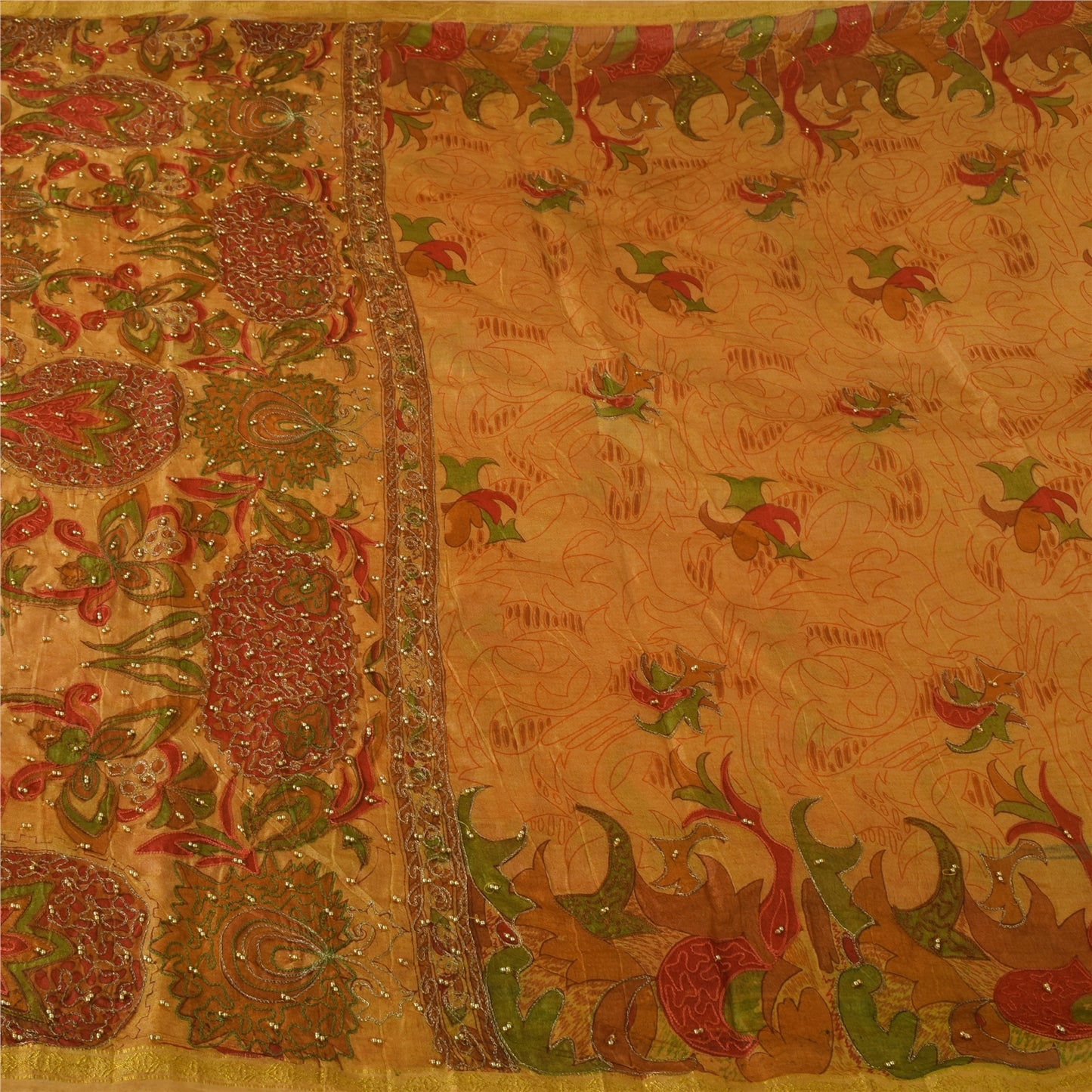 Sanskriti Vintage Saffron Saree Art Silk Indian Zari Hand Bead Sari 5+YD Fabric